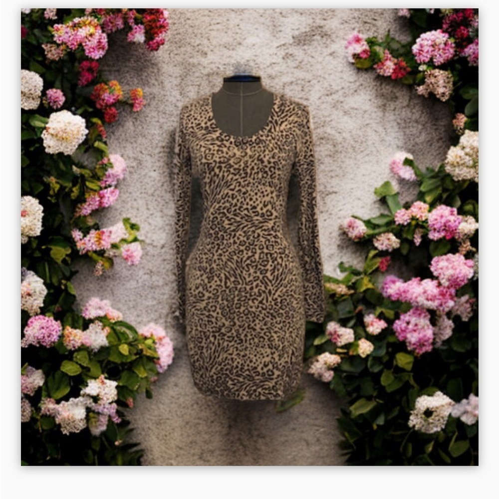 Chic by Jacob Leopard Print Dress-Crew Neck-Long Sleeve Flattering Fit-EUC-SzS🍂​